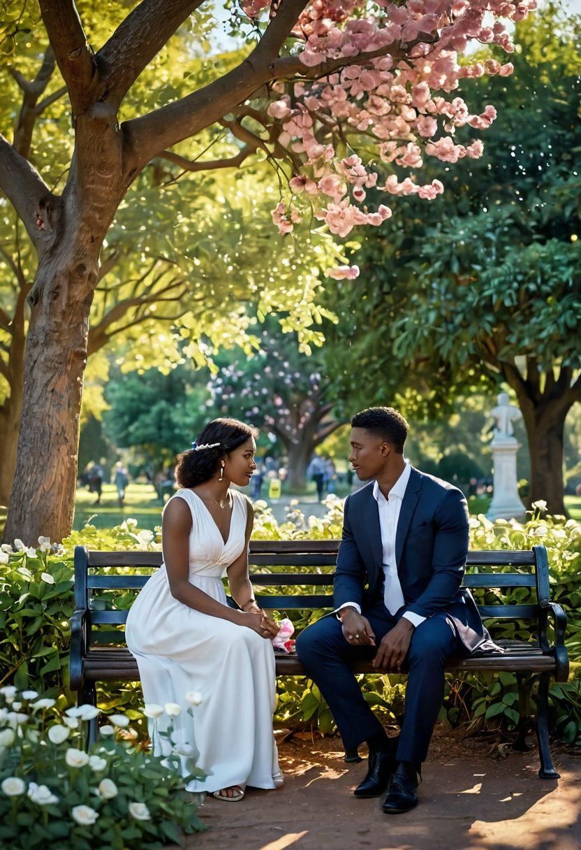A serene park setting featuring a diverse couple sitting on a bench, engaged in a deep conversation, surrounded by blooming flowers and soft sunlight filtering through the trees. In the background, subtle symbols of love (hearts, flowers) and justice (scales, gavel) intertwine in a harmonious way. The atmosphere radiates warmth and safety, inviting viewers to reflect on their own romantic connections. vibrant colors. soft lighting. romantic realism.