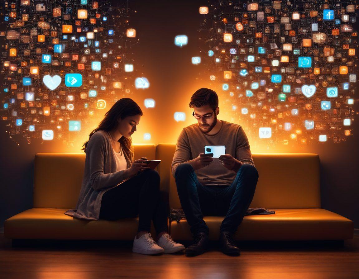 A couple sitting together, both engrossed in their smartphones, surrounded by floating digital icons representing social media, messaging apps, and cybersecurity shields. Warm, intimate lighting contrasts with the cool digital elements, highlighting the intersection of love and technology. Ethereal lines connecting their devices symbolize monitoring and connection. Modern urban background to signify a digital lifestyle. super-realistic. vibrant colors. soft focus.