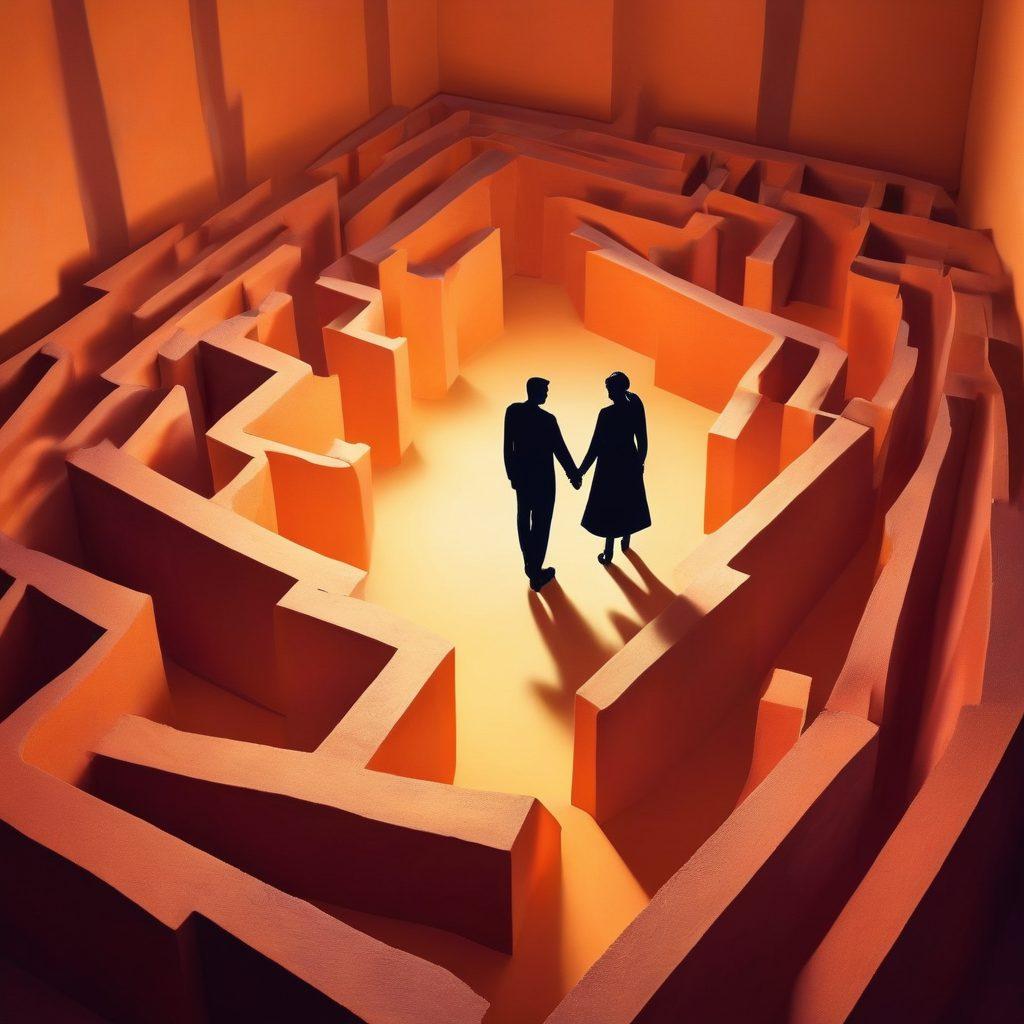 A conceptual illustration depicting a couple navigating through a labyrinth, symbolizing their journey from courtship to commitment. Shadows of hidden risks loom around corners, represented by dark shapes and question marks. The couple is shown holding hands, showcasing trust and determination, with a warm glow lighting their path ahead. The background features a blend of soft colors to evoke a sense of hope and exploration. vibrant colors. super-realistic.